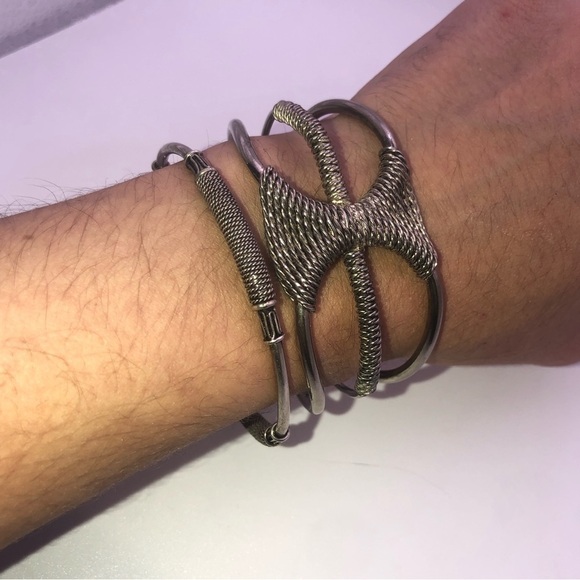 X2 Vtg Tribal Style Silver Tone Bangle & Open Cuff / Bangle: 7.4” / Cuff: 6.6” - Picture 2 of 8